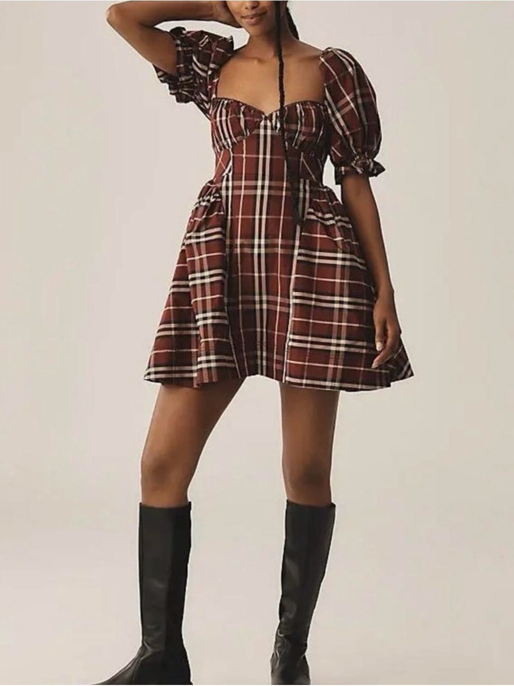 Anthropologie MAEVE Plaid Puff Burgundy Mini Dress.
